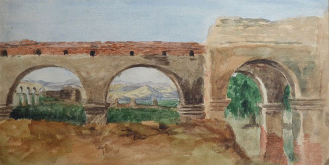 Alexander Harmer Watercolor of a Mission with blue sky